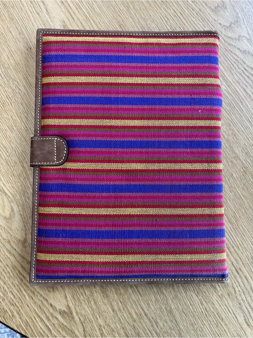 Striped Fabric and Leather Snap-Closure Portfolio